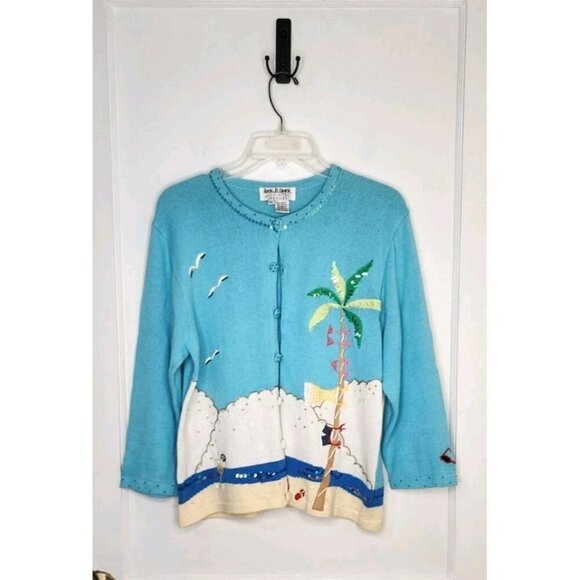 Jack B Quick Sz PL Cute Beach Cardigan Palm Tree Bikini Sequin Beaded - Picture 1 of 7